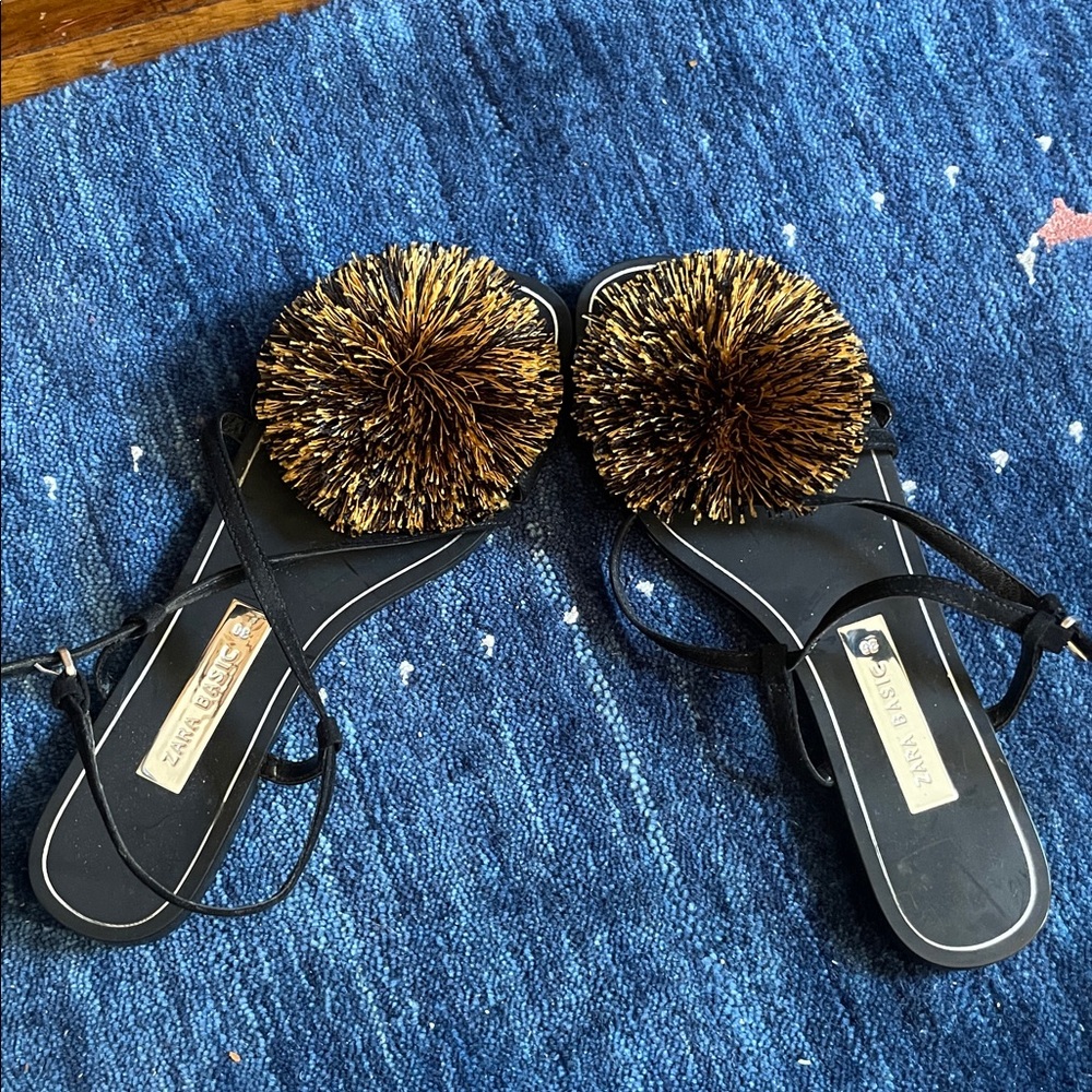 Zara Black Sandals with Gold Pom Poms